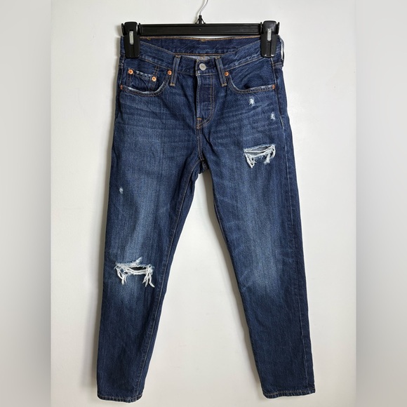 Levi's Denim - Levi’s 501 Tapered Jeans 25x28 Dark Wash Distressed 100% Cotton Button Fly